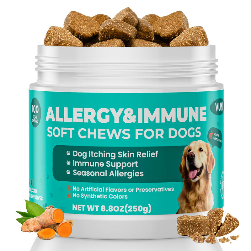 VUN Dog Allergy Relief Chews,Itchy Skin and Coat Relief,Paw Licking Support with Omega 3 Fish Oil,Probiotics Colostrum for Seasonal Allergy and Hot Spot,Immune Supplement for Dogs-100 Soft Chews