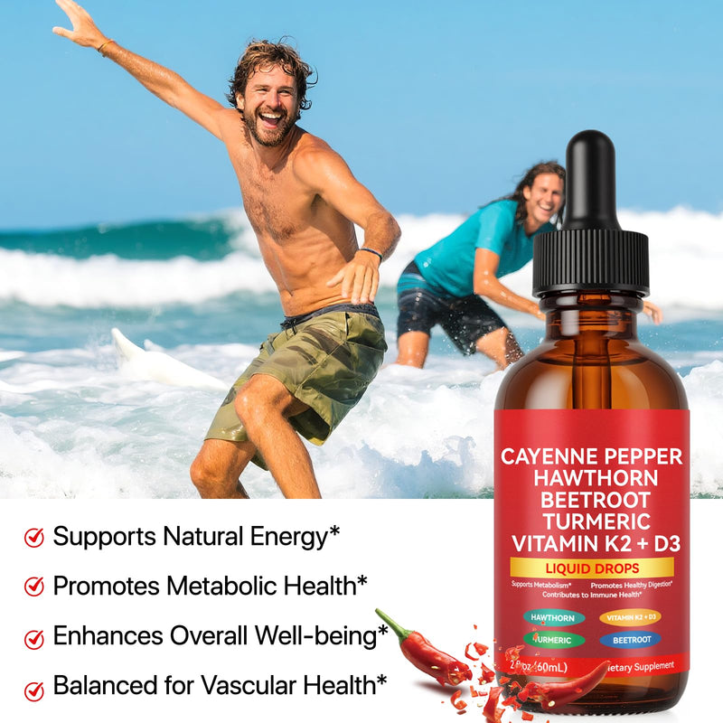 Cayenne Pepper Drops, Cayenne Pepper Hawthorn Beet Root Turmeric Vitamin K2 & D3 Liquid Supplements, Includes Hawthorn, Beet Root & Turmeric, 60ML