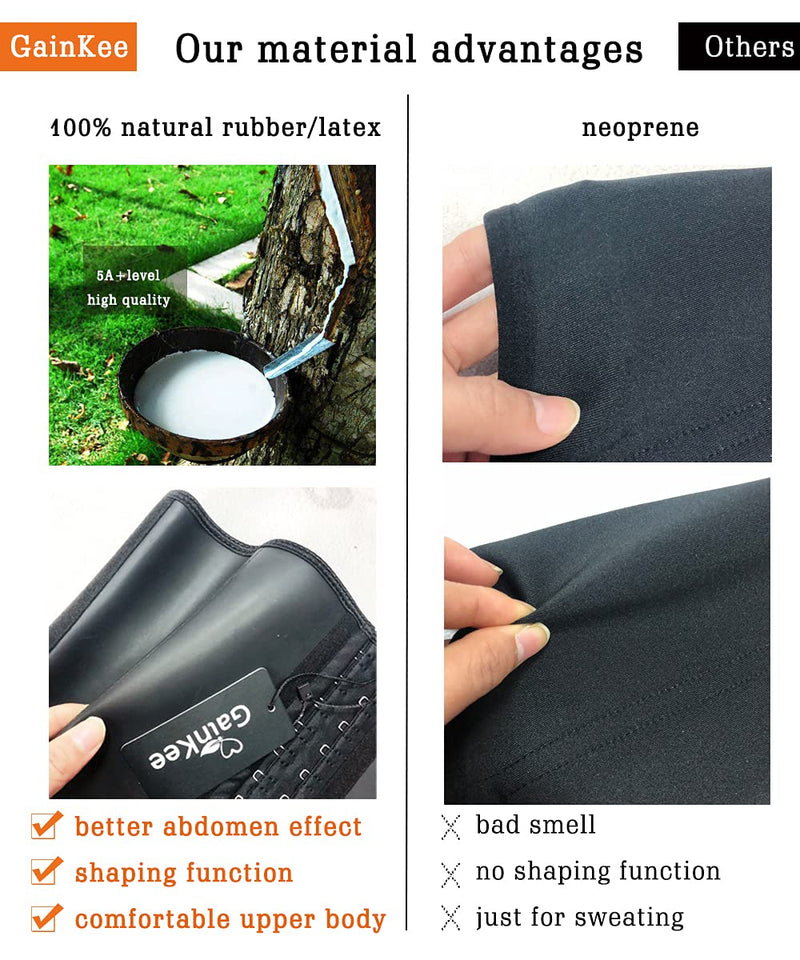GainKee 100% Latex Men Waist Trainer Corsets With Steel Bone Sweat Belt Sauna Suit For Fitness Body Shaper Black X-Small