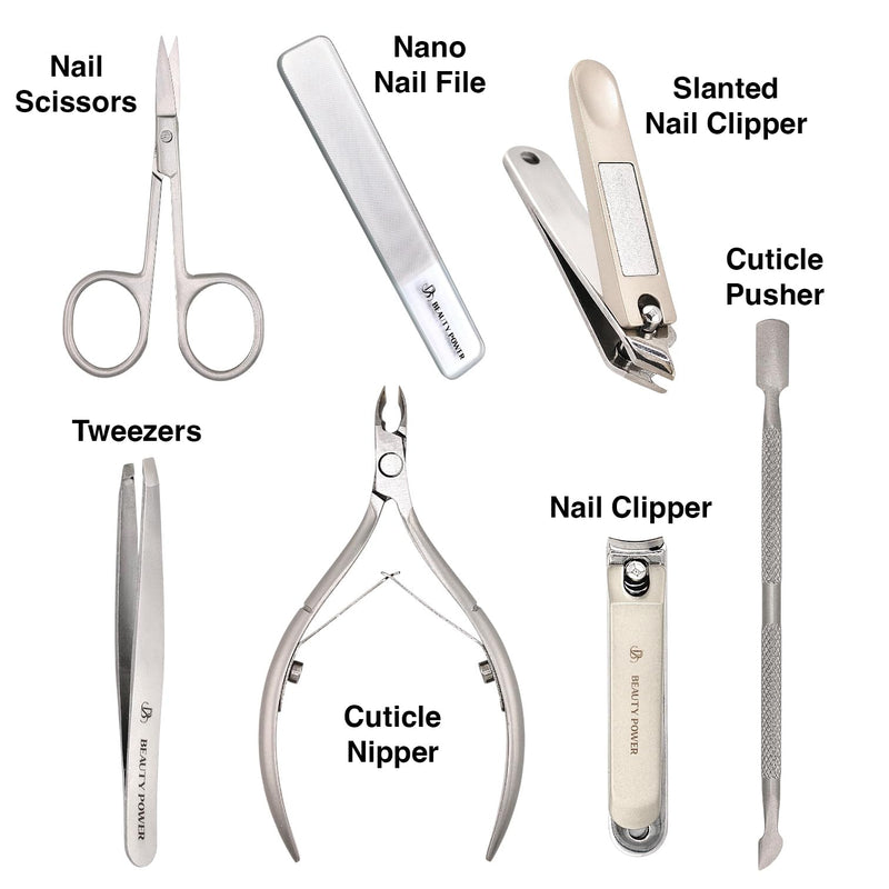 Beauty Power Manicure Pedicure Set 7-in-1 Stainless Steel, Ultra Sharp, Slanted Nail Clipper, Fingernail Clipper, Cuticle Nipper, Glass Nail File, Eyebrow Tweezers, Scissors, Case - Gift Idea - Gray Matte Gray