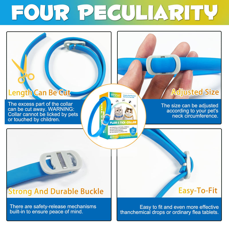 Anti-flea and anti-tick collar for cats, 4 pieces against larvae and eggs - eliminates and kills - protects the animal and the habitat, effective protection for 24 months, adjustable and waterproof