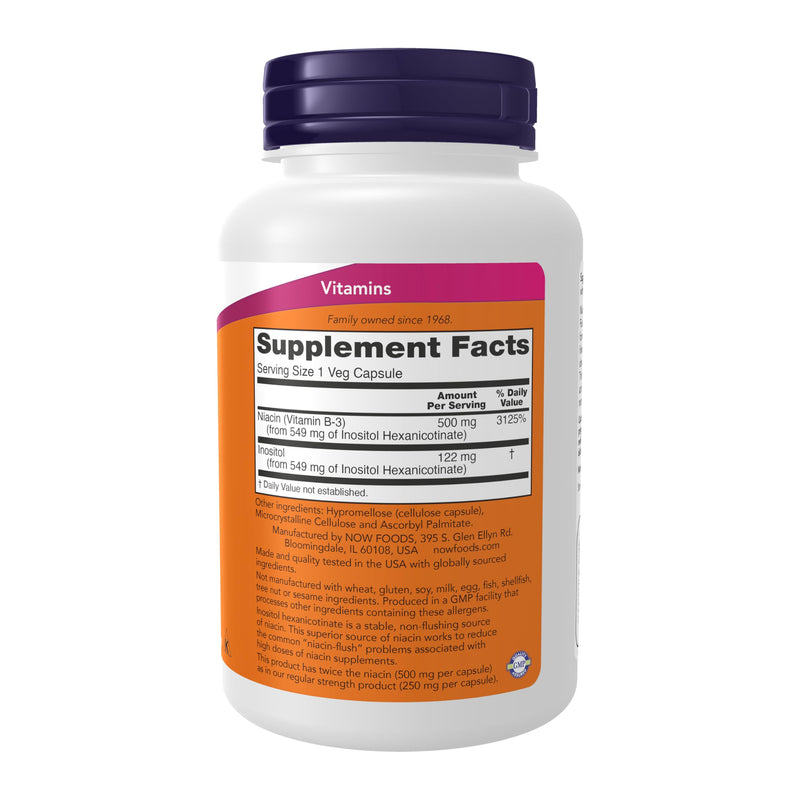 NOW Foods Supplements, Niacin (Vitamin B-3) 500 mg, Flush-Free, Double Strength, Nutritional Health, 90 Veg Capsules 90 Count (Pack of 1)