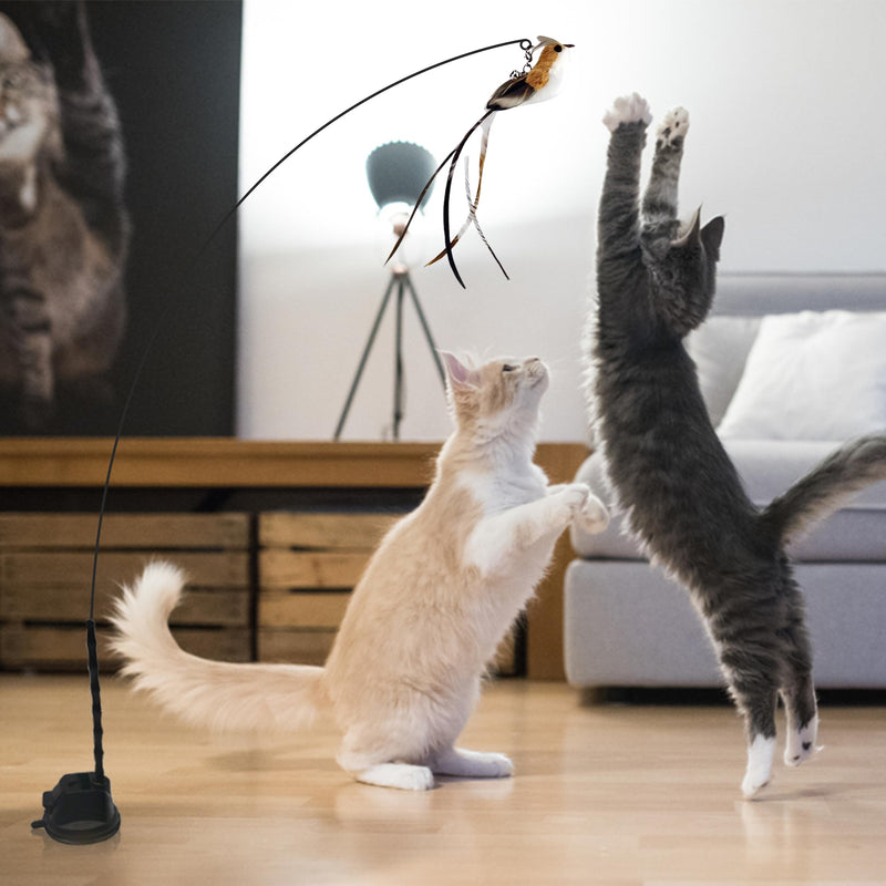 Interactive Suction Cup Cat Toy for Indoor Cat, Long Tail Feather Bird, Spring Wire Suctions to Ground, Hands Free Bird Simulation Cat Toy Wand Set that Sticks to Floor, Feathers & Bells LQZ Bird Set - BeesActive Australia