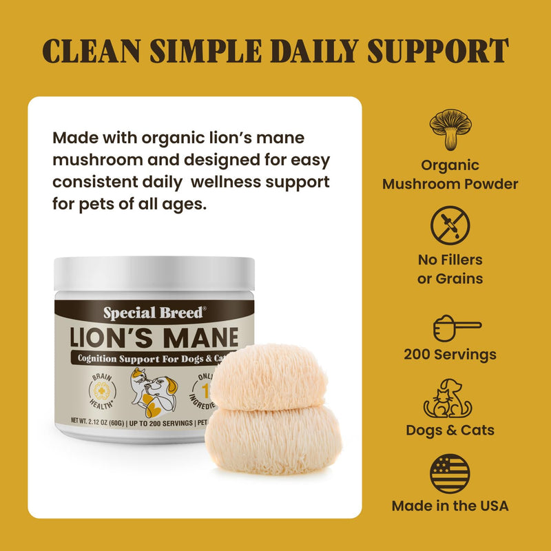 Lion’s Mane for Dogs & Cats - Cognitive & Brain Support Supplement - Supports Memory, Focus & Nervous System Health - Organic Mushroom Powder - 200 Servings