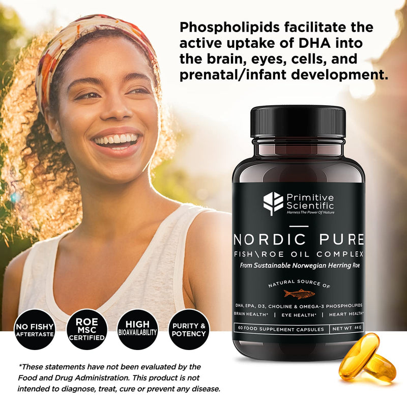 Primitive Scientific Nordic Pure Oil Complex (60 Fish Oil Capsules) for Brain, Immunity & Vision - Heart Supplement w/EPA, DHA, Vitamin D3, Choline - Omega 3 Supplements