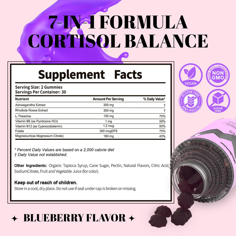 Wondermoon Cortisol Gummies for Women, 7-in-1 Cortisol Reducer, 60 Count | Cortisol Supplement -Stress, Mood, Focus, Sleep Support -Ashwagandha, Rhodiola Rosea, L-Theanine, Magnesium, Blueberry Flavor