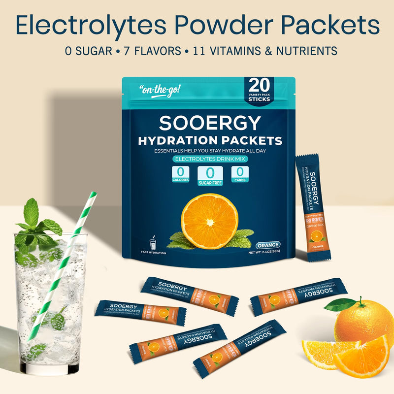 Electrolytes Powder Packets Sugar Free Hydration Packets, Liquid Daily IV Electrolyte Drink Mixex for Rehydration with Electrolytes, Vitamins, 0 Calorie, Orange Flavor, 20 Sticks 20 Servings (Pack of 1)