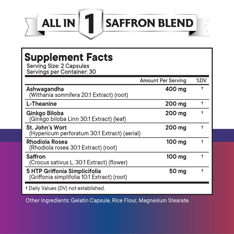 NEW AGE Saffron Supplements with Ashwagandha - Support with L-Theanine, Ginkgo Biloba, St. John's Wort, Rhodiola Rosea & 5-HTP - Saffron 120 Count 120 Capsules (Pack of 2) - BeesActive Australia