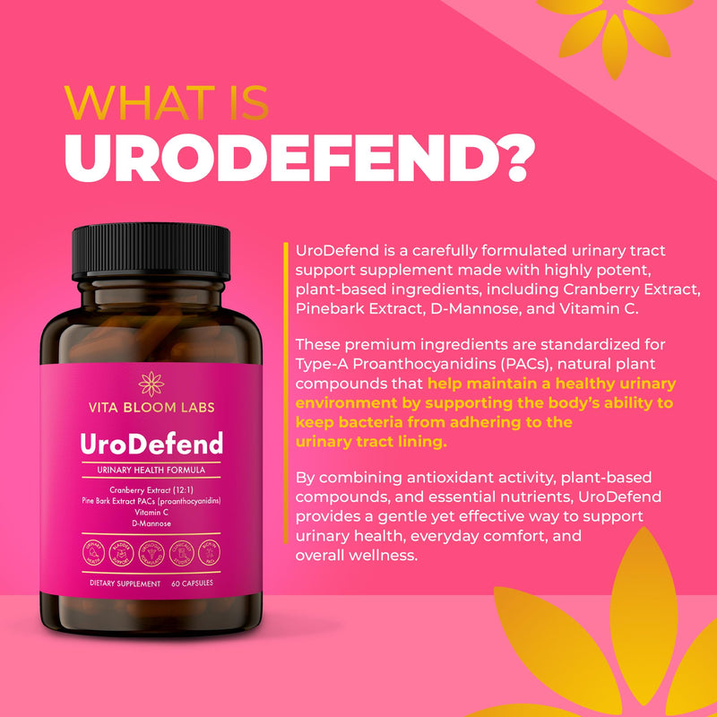UroDefend UTI Protection Formula | Cranberry PACs | Physician Formulated | Additive Free + Gluten Free | Cranberry Extract, Pine Bark Extract, D Mannose, Vitamin C | 60 Capsules