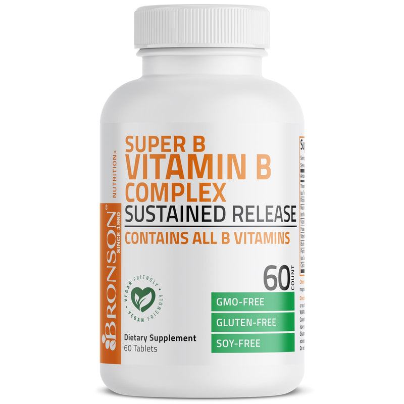 Bronson Super B Vitamin B Complex Sustained Release for Energy, 60 Tablets | B1, B2, B3, B6, Folic Acid, B12, Biotin & Pantothenic Acid, One-Tablet Formula, Non-GMO, Gluten-Free & Soy-Free 60 Count (Pack of 1)