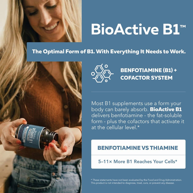 BioActive Vitamin B1 - 150mg Benfotiamine Capsules, Fat-Soluble Thiamine Supplement for Nerve, Energy & Metabolic Support with Magnesium & Alpha-Lipoic Acid - Foundational Strength, Non-GMO (60ct) 150 MG