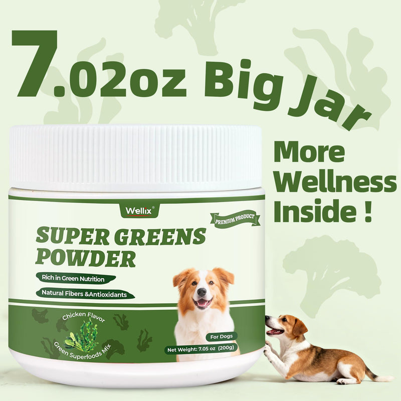 Wellix 7.02oz Super Greens Powder with Organic Spirulina, Chlorella, Spinach - Immune Support, Hip and Joint Supplement for Dogs, Chicken Flavor 100% Natural Dog Supplements Spirulina Powder