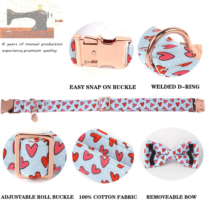 DOGWONG Valentine's Day Dog Collar with Bow - Cute Heart Bowtie Dog Collars, Adjustable Valentine Pink Heart Pet Collars Design Dog Collar with Quick Release Buckle for Puppy Girl Boy Female Dogs Medium Blue heart - BeesActive Australia