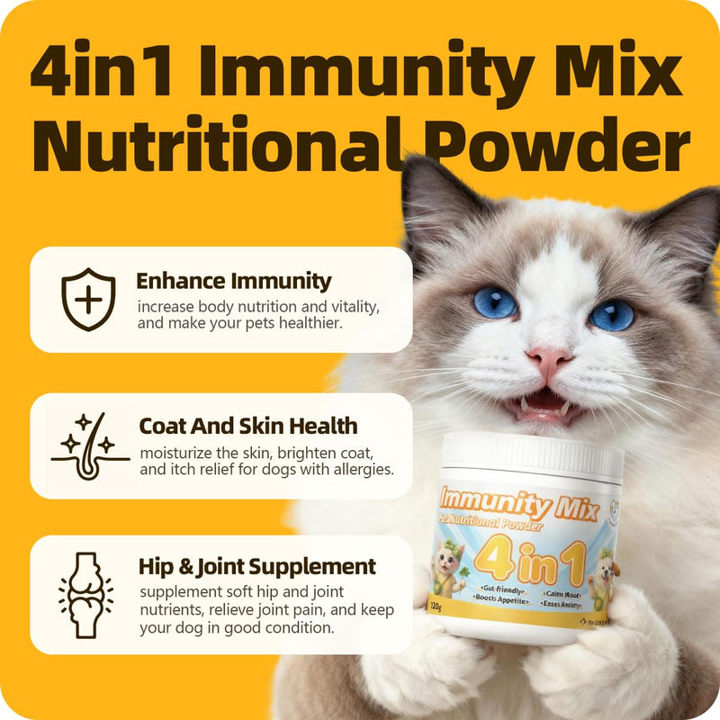 Immunity Mix Nutritional Powder for Enhance Immunity, Increase Skin & Coat Nutrition, Hip and Joint Supplement, Appetite Booster, Helps with Digestion for Cat & Dog 4.23oz (1 Box) 1 Box