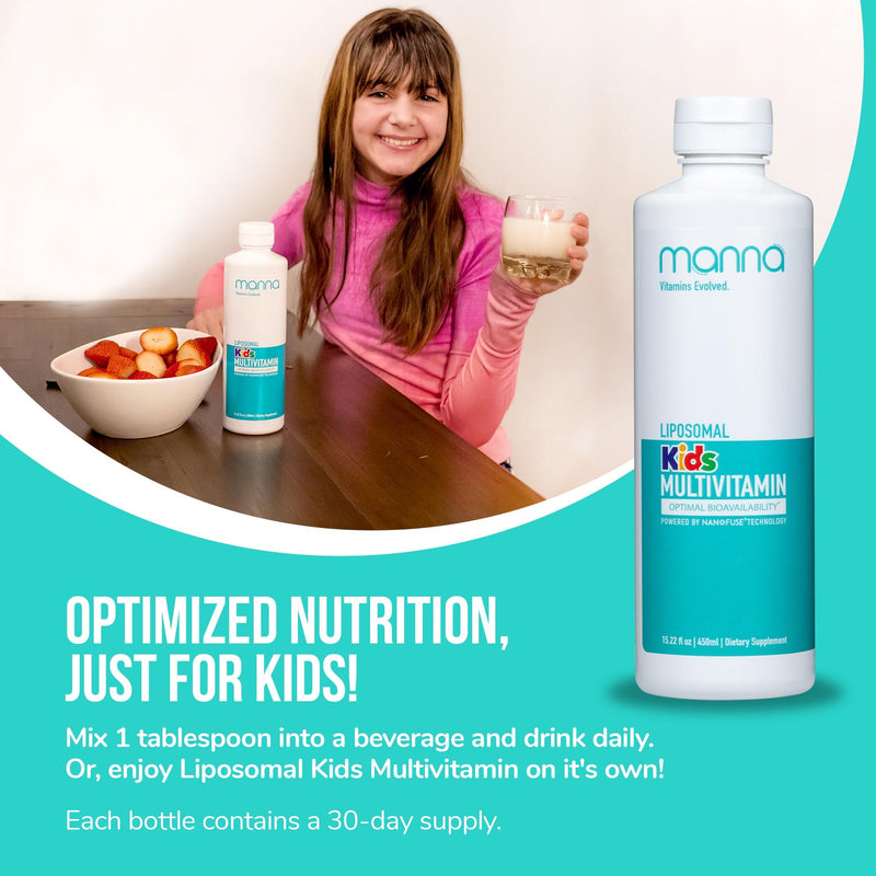 Manna Vitamins Evolved Liposomal Kids Multivitamin - Vitamin D3 & Vitamin A - Vitamin B12 & Vitamin C Supplement - Children's Liquid Multivitamin - Immune Support Supplement for Children