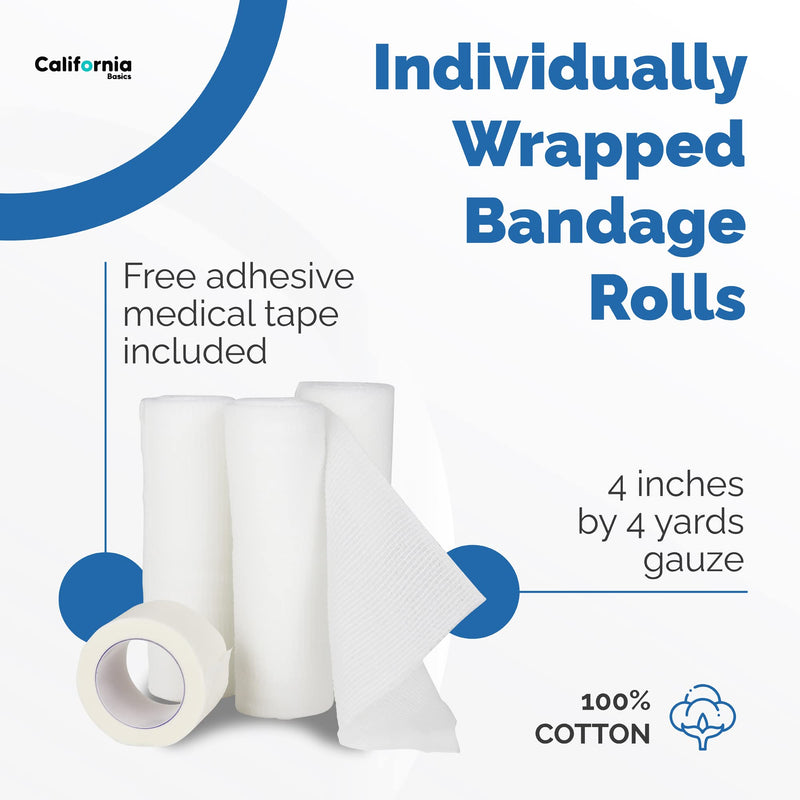 California Basics, Gauze Bandage Rolls with Tape (Pack of 36) - 4 Inch x 4 Yards Stretched Gauze Bandage, Breathable Gauze Wrap Used for First Aid Wound Care & Dressing, Bulk Gauze Rolls 4 Inch 36 Pack - BeesActive Australia