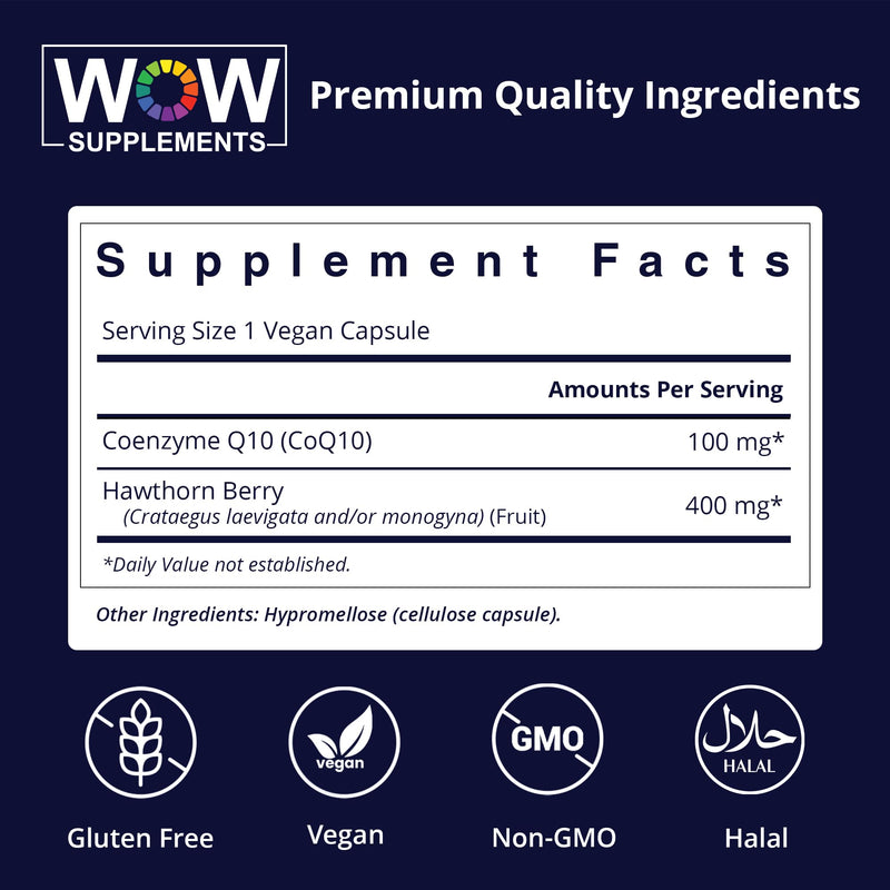 WOW Supplements CoQ10 100 mg with Hawthorn Berry - High Absorption CoQ10 100mg for Energy Production, Heart and Cellular Health - Non-GMO, Gluten-Free Coenzyme Q10 100mg Supplement - 90 Capsules