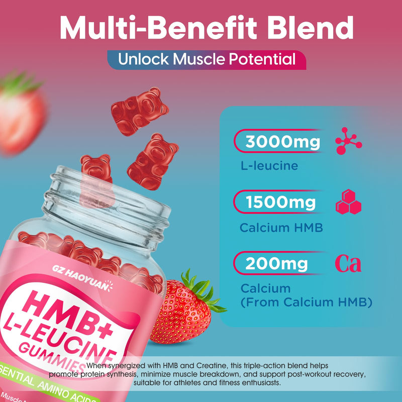 HMB and L-Leucine Gummies, 4500mg HMB and Leucine Supplements for Men & Women, Sugar-Free, Strawberry Flavored, 120 Count 60 Count (Pack of 2)