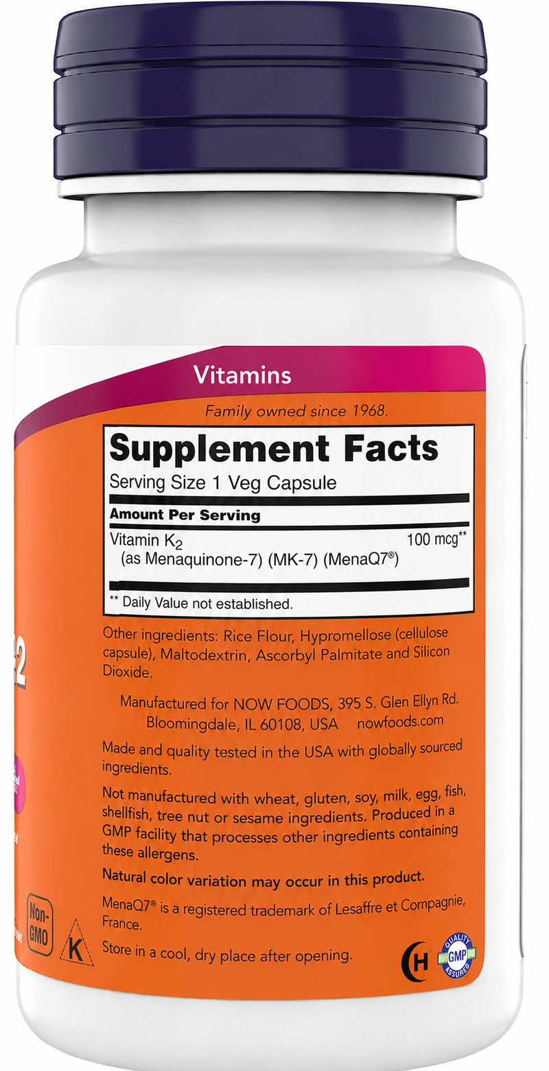 Now Supplements, MK-7 Vitamin K-2 100 mcg, Cardiovascular Support*, Supports Bone Health*, 180 Veg Capsules (180 Count Pack of 2) 180 Count (Pack of 2)