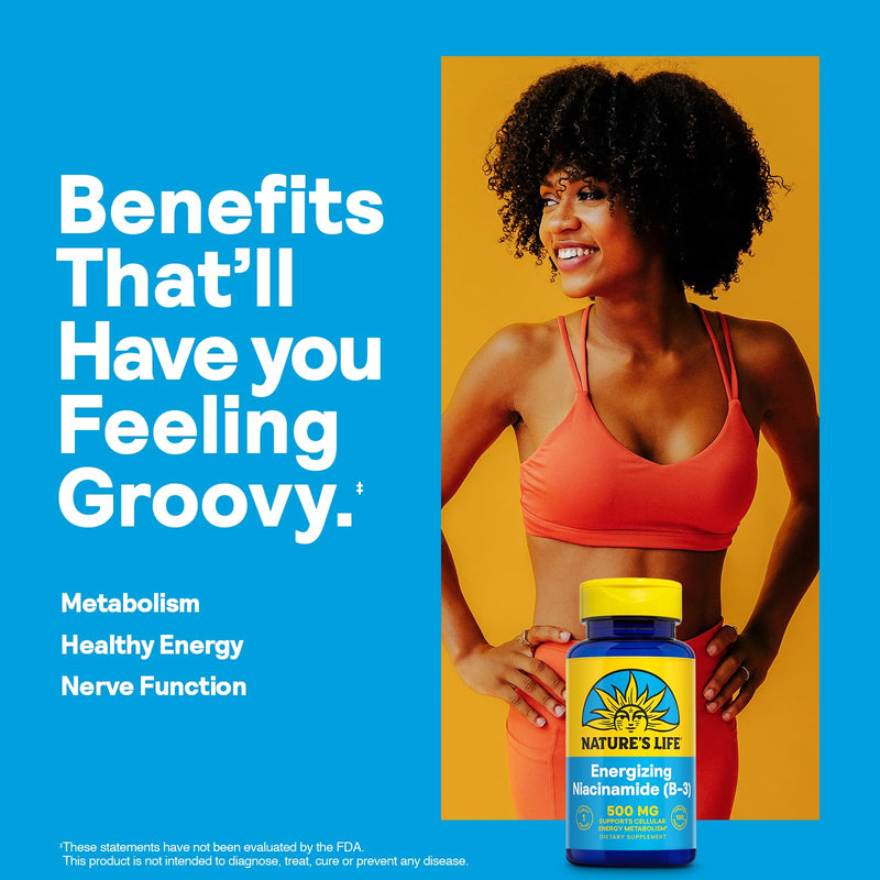 Nature's Life Energizing Niacinamide 500mg - No Flush Vitamin B 3 Niacin Supplement - Nerve Function, Metabolism and Healthy Energy Support - 60-Day Guarantee, Lab Verified, 100 Servings, 100 Tablets | No Flush Vitamin B3 Niacin Supplement, Nerve Funct...