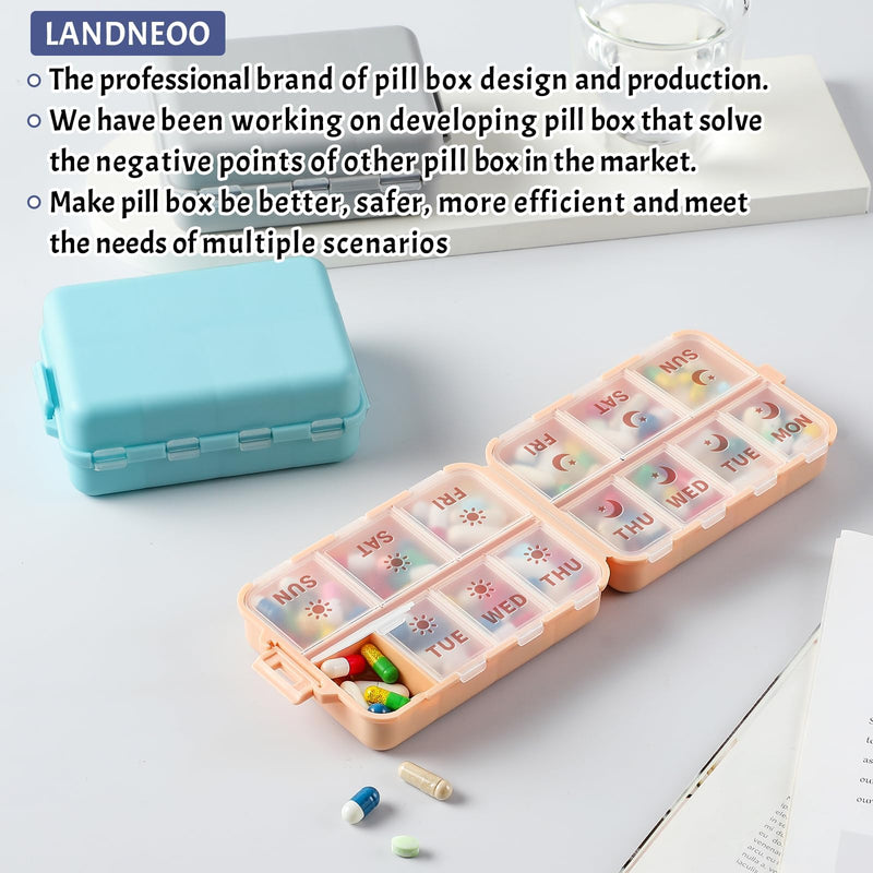 NEW Foldable & Double Protection Portable Weekly Pill Organizer 2 Times A Day with Etched Labels, AM PM 7 Day Week Medicine Box, Daily Travel Pill Case Holder Dispenser for Vitamin, Supplement - Khaki AM & PM