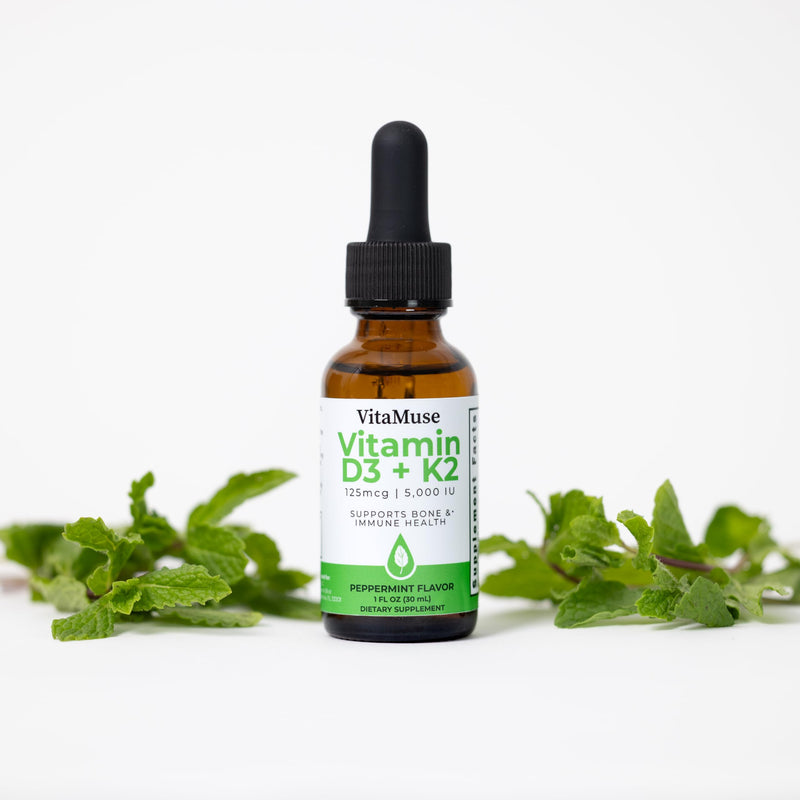Vitamin D3 + K2 Drops, 5000 IU D3, 100 mcg K2 MK-7, Peppermint Flavor, Liquid Tincture with Organic Oils, Non-GMO, Gluten-Free, 1 fl oz
