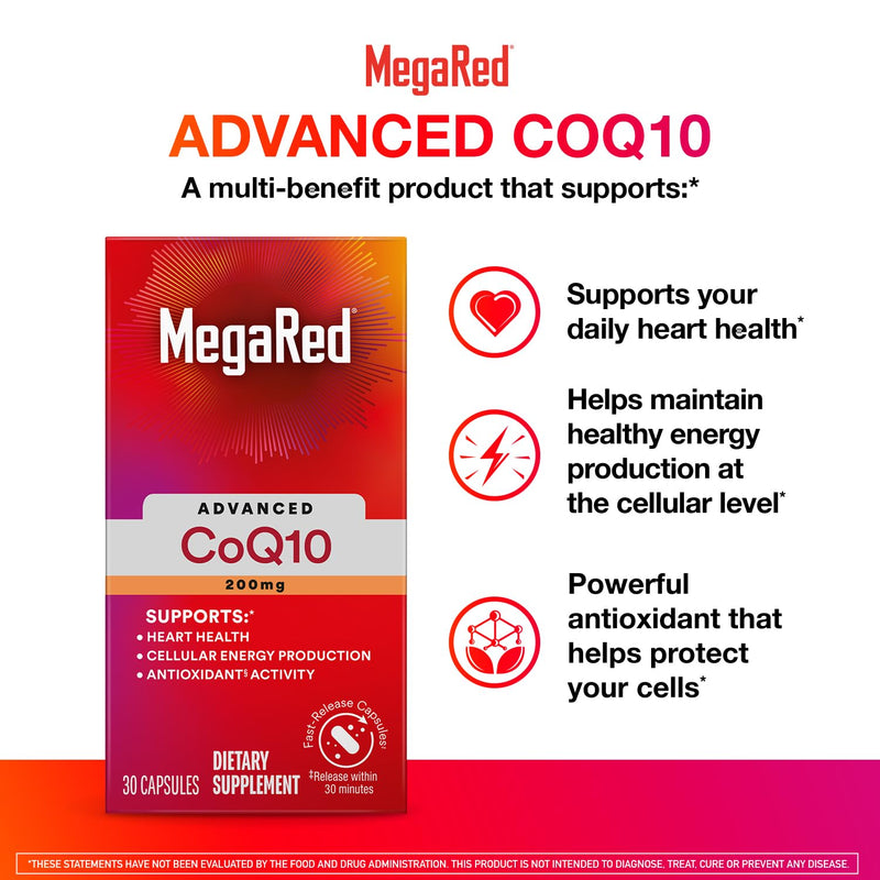 MegaRed Advanced CoQ10 200mg, Heart Health & Cellular Energy, 30ct | Power Antioxidant, Protects Against Free Radicals, No Added Color or Sugar, Fast releasing capsules, Coenzyme Q10, Calcium 30 Count (Pack of 1)
