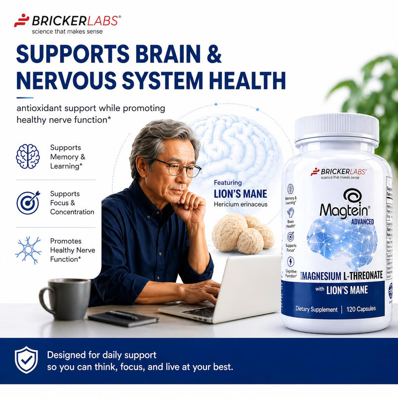 Bricker Labs Magtein & Lion's Mane Magnesium L-Threonate Supplement | Brain Health, Memory & Focus, Cognitive Support, 120 Capsules, Advanced Formula Magtein with Lion's Mane