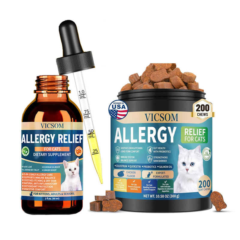 Cat Allergy Support Bundle, Daily Comfort Drops + Soft Chews for Cats, Immune, Skin & Coat Support, Seasonal Wellness, Chicken Flavor, 60ml + 200 Chews