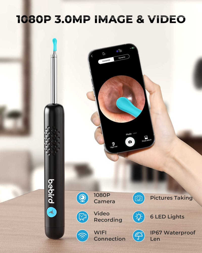 Ear Wax Removal Tool Camera, R1 Upgraded Anti-Fall Off Eartips Ear Cleaner, Wireless Otoscope with 1080P Waterproof Ear Camera, Earwax Removal Kit for iPhone, Android, Black - BeesActive Australia