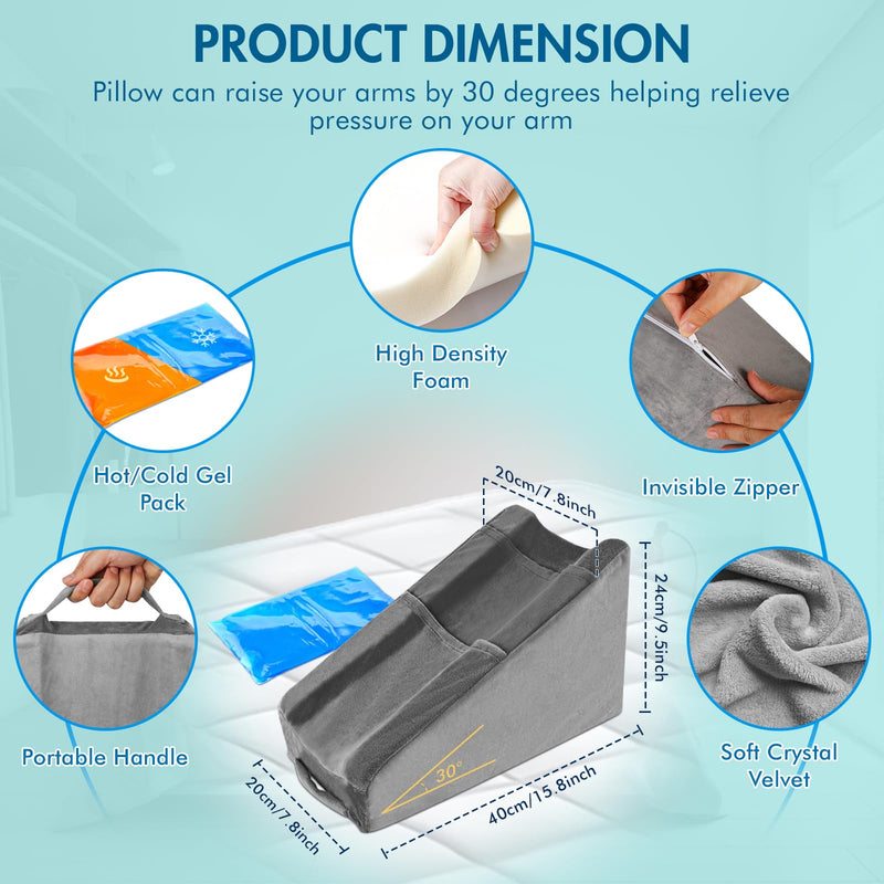 Arm Elevation Pillow with 2 Pockets, Arm Wedge Elevation Pillow Excellent, Ergonomic Elbow Support Pillow for Sleeping Arm Pads Elbow Pillow with Removable Pillow Case-Gray