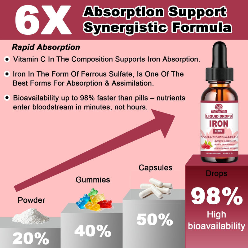 Iron Supplement for Women, Liquid Iron Drops 65mg w. Vitamin C & B Complex | Gentle Iron Drops for Iron Deficiency, Energy, Blood Health, Red Blood Cell Support, Gentle Digestion, Sugar-Free Raspberry