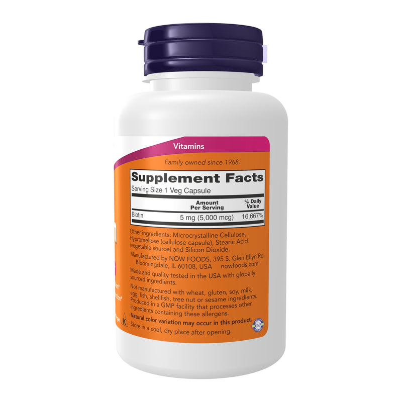 NOW Foods Supplements, Biotin 5,000 mcg, Amino Acid Metabolism*, Energy Production*, 120 Veg Capsules 120 Count (Pack of 1)