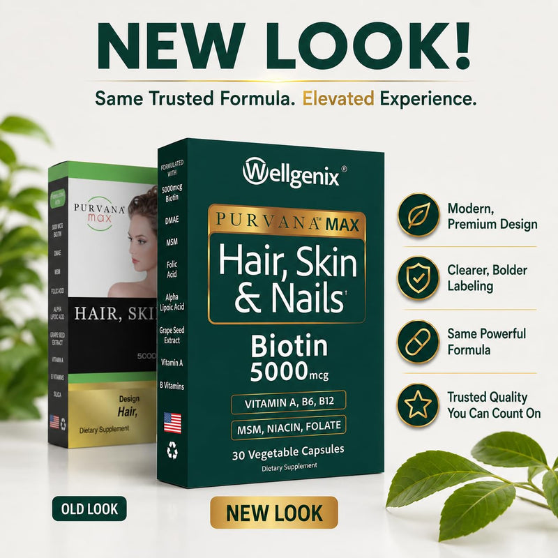 Wellgenix Purvana MAX Hair Skin & Nails Vitamins, Biotin 5000, 60 Ct 2-Pack | Biotin, MSM & hyaluronic acid in vegetable capsules for thicker, fuller hair, stronger nails & a clearer, radiant complexion 30 Count (Pack of 2)