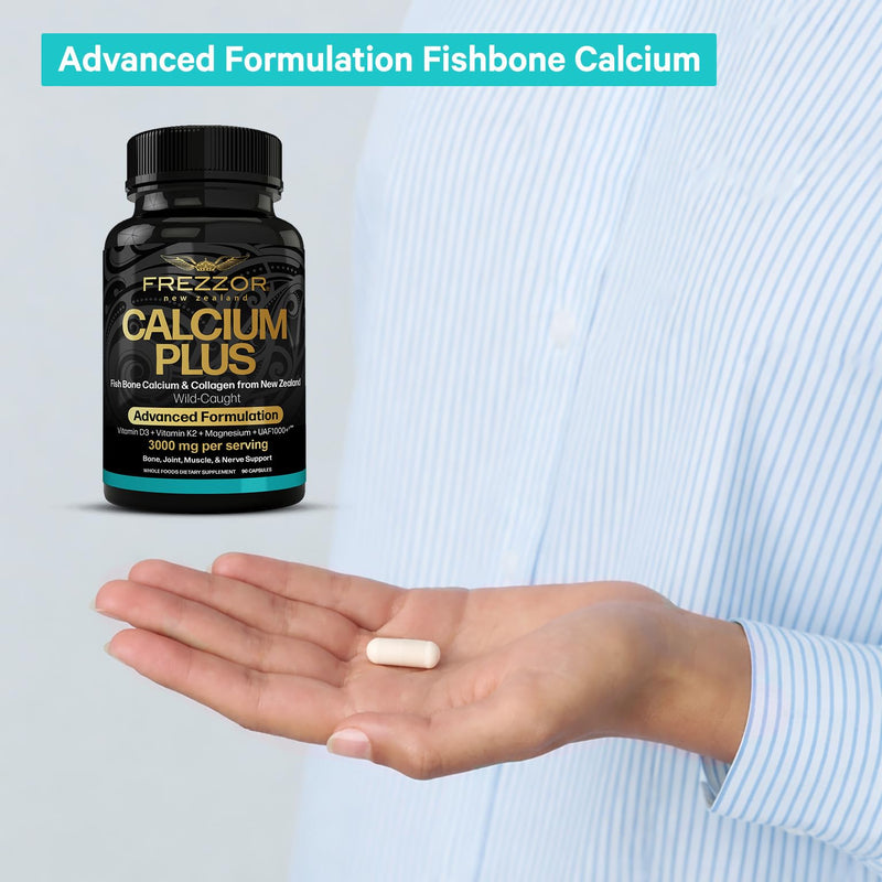 FREZZOR Calcium Plus with UAF1000+, New Zealand Natural Raw Calcium Supplement for Bones, Teeth, Gut Health, & Cardiovascular Support, Phosphorus, Magnesium, Collagen, Selenium, 90 Capsules, 1 Bottle