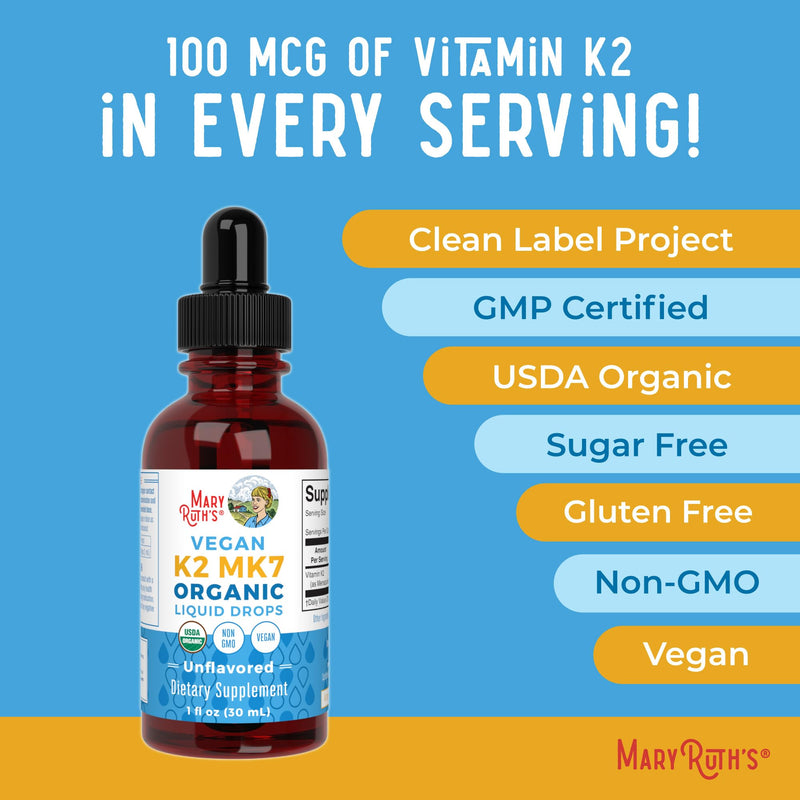 MARYRUTH'S USDA Organic Vitamin K2 MK7 Liquid Drops for Adults & Kids, 1 oz | Adults & Kids, Sourced from Natto, Menaquinone-7, Vegan K2 Vitamin for Bone Health & Calcium Absorption