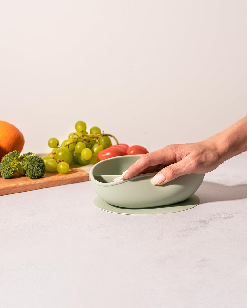 Hippypotamus Suction Bowls with Lids & Utensils - Baby & Toddler - 100% Food-Grade Silicone Divided Bowls - BPA Free - Dishwasher Safe - Set of 2 (Sage/Fog) Sage / Fog - BeesActive Australia
