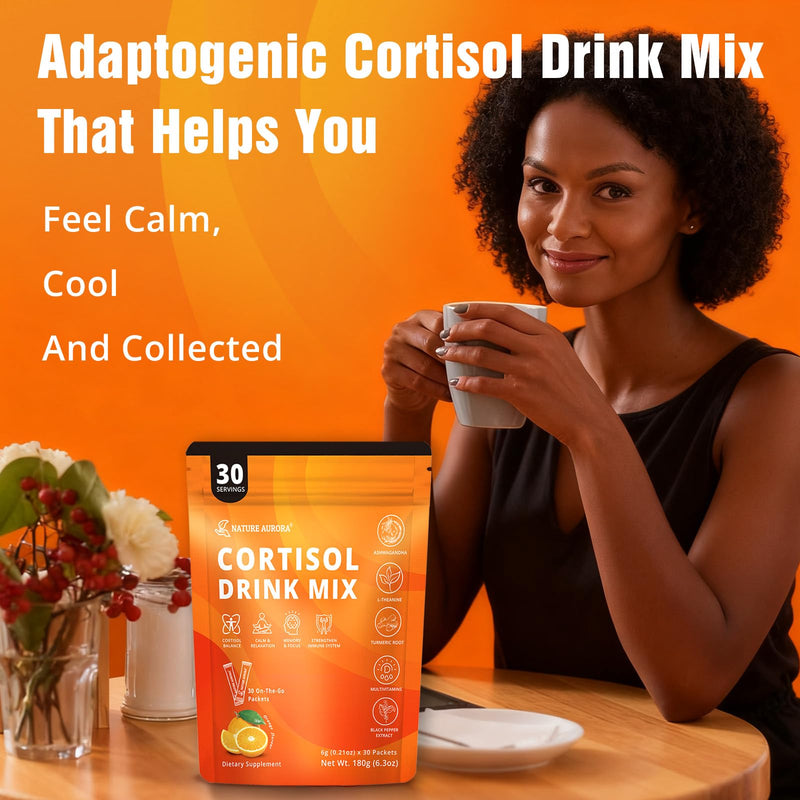 Cortisol Drink Mix Powder with Magnesium Glycinate, L-Theanine, Ashwagandha & Vitamin For Relax, Focus & Calm, Natural Cortisol Supplement for Women and Men, Orange Flavor, 30 Sticks