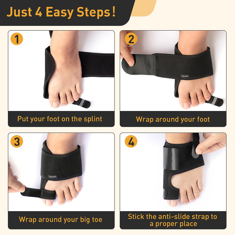 4PCS Bunion Corrector for Women & Men, 2PCS Big Toe Straightener with Splint & Pads（2-4hours,) 2PCS Big Toe Separator with Silicone Padding (24hours), bunion relief Reduce Pain, Washable(Black) R/L