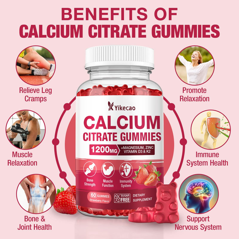 2 Pack Calcium Citrate Gummies 1200mg, Calcium Supplements for Women & Men, Calcium Gummies with Vitamin D3, K2, Magnesium, Zinc, Potassium, Muscle & Immune Support, Strawberry Flavor, 120 Count 2pack
