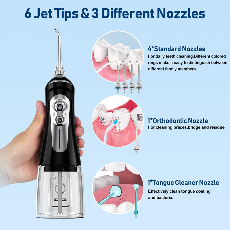 Flosser Cordless for Teeth Pick Cleaning - Powerful Oral Irrigator with 6 Adjustable Modes,320ML Portable & Rechargeable IPX7 Waterproof Cleaner Picks for Home Travel (Black)