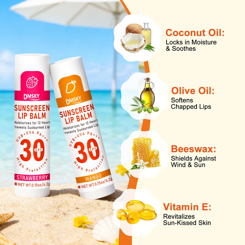 SPF 30 Sunscreen Lip Balm 20 Pack, Clear No White Cast, 10 Flavors | Protect Dry Chapped Lips with Vitamin E and Beeswax, Broad Spectrum SPF Lip Balm for Travel