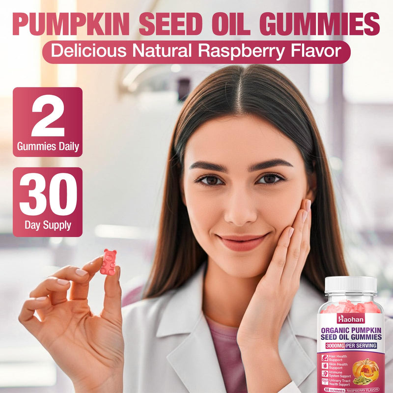 Haohan Pumpkin Seed Oil Gummies with Saw Palmetto for Hair Growth in Women & Men - Organic Hair Skin & Nails Supplement with High-Purity Extract - Sugar-Free, Non-GMO, Raspberry Flavor, 60 Count