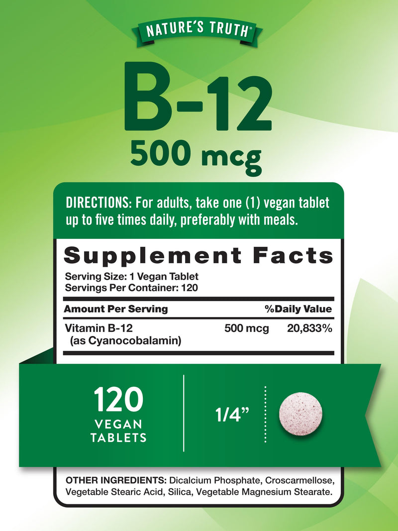 Nature's Truth B12 Vitamin | 500 mcg | 120 Tablets | Vegan, Non-GMO & Gluten Free Supplement 120 Count (Pack of 1)