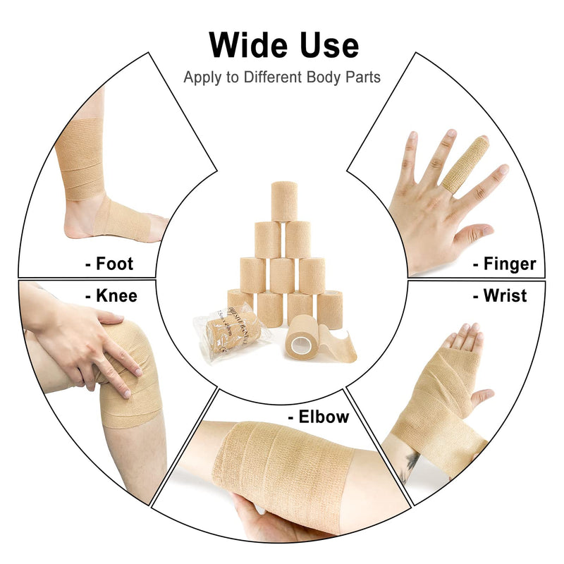 Self Adhesive Bandage Wrap(12 Pack, 3 Inch x 5 Yards), First Aid Medical Cohesive Bandage Tape, Breathable Elastic Sports Athletic Tape Wrap for Ankle, Wrist, Knee, Foot Sprains & Swelling(Tan) Brown - BeesActive Australia