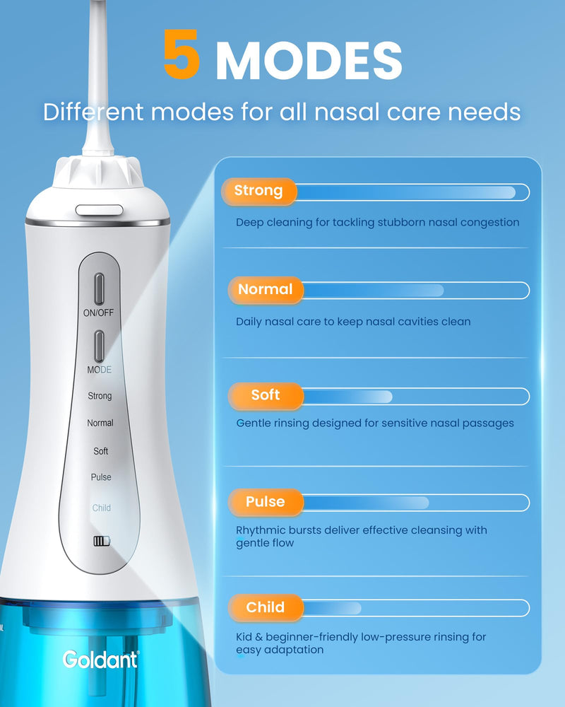 350ML Neti Pot Sinus Rinse Kit, Nasal Irrigation System with 5 Modes, 4 Nozzles, Cordless Rechargeable, IPX7 Waterproof, Nose Cleaner for Sinus Relief (350ML 40 Salt Packets) - BeesActive Australia