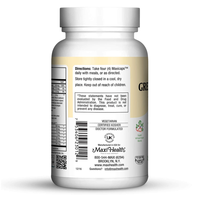 Maxi Health Super Greens Supplements – Whole Food Blend for Energy & Immune Support – Vegetable Supplements for Adults with Vitamins, Minerals, Spirulina, & More – Vegan, 120 Kosher Capsules Unflavored 120 Count (Pack of 1)