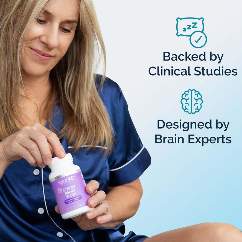 BrainMD Stress Relief Sleep Support with GABA Magnesium, 60 Capsules | Dietary supplement in capsule form for daily use, featuring a natural blend with 30 servings for routine wellness.