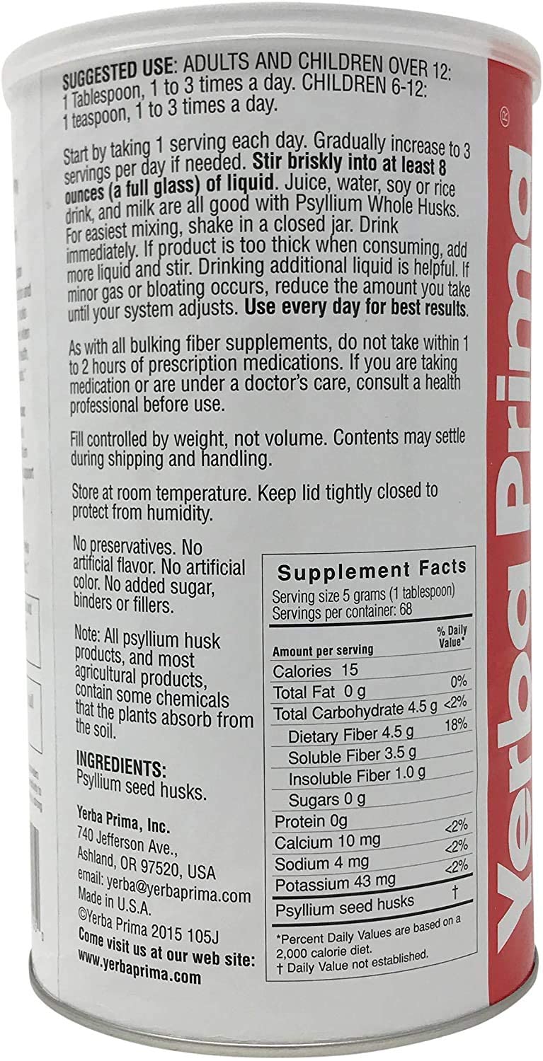 Yerba Prima Psyllium Whole Husk, 1 Bottle 12 oz - Fiber Supplement, Vegan, No Sugar or Artificial Sweeteners, Non GMO, Gluten Free 12 Ounce (Pack of 1)