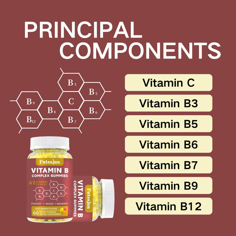 Vitamin B Complex Gummies with Vitamin C, Choline & Zinc - Support Energy, Metabolism & Immune Support - Tasty Mango Flavor - Vegan, Gluten-Free, 120 Count 60 Count (Pack of 2)